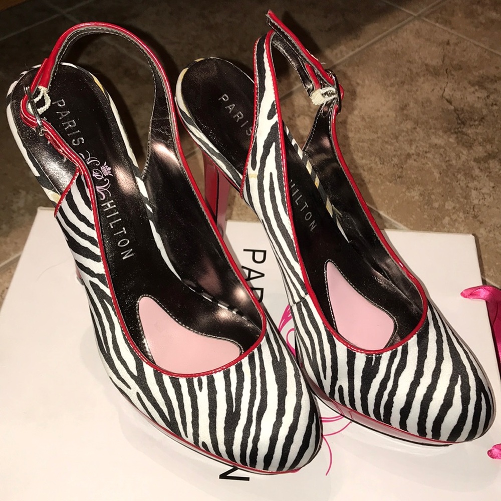 Paris Hilton zebra platform heels